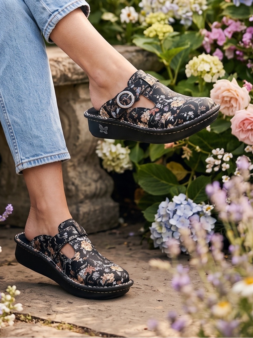 Alegria flowered black clogs 9